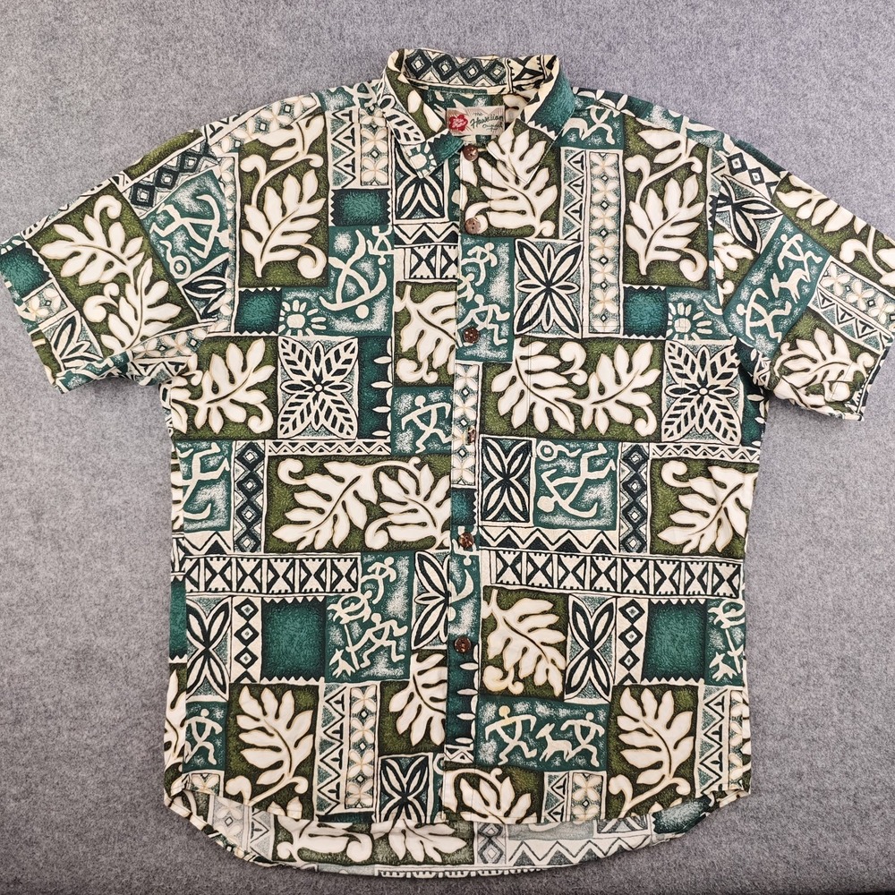 RJC Hawaiian Shirt Mens Large Green Blue Aztec Floral Short Sleeve Cotton